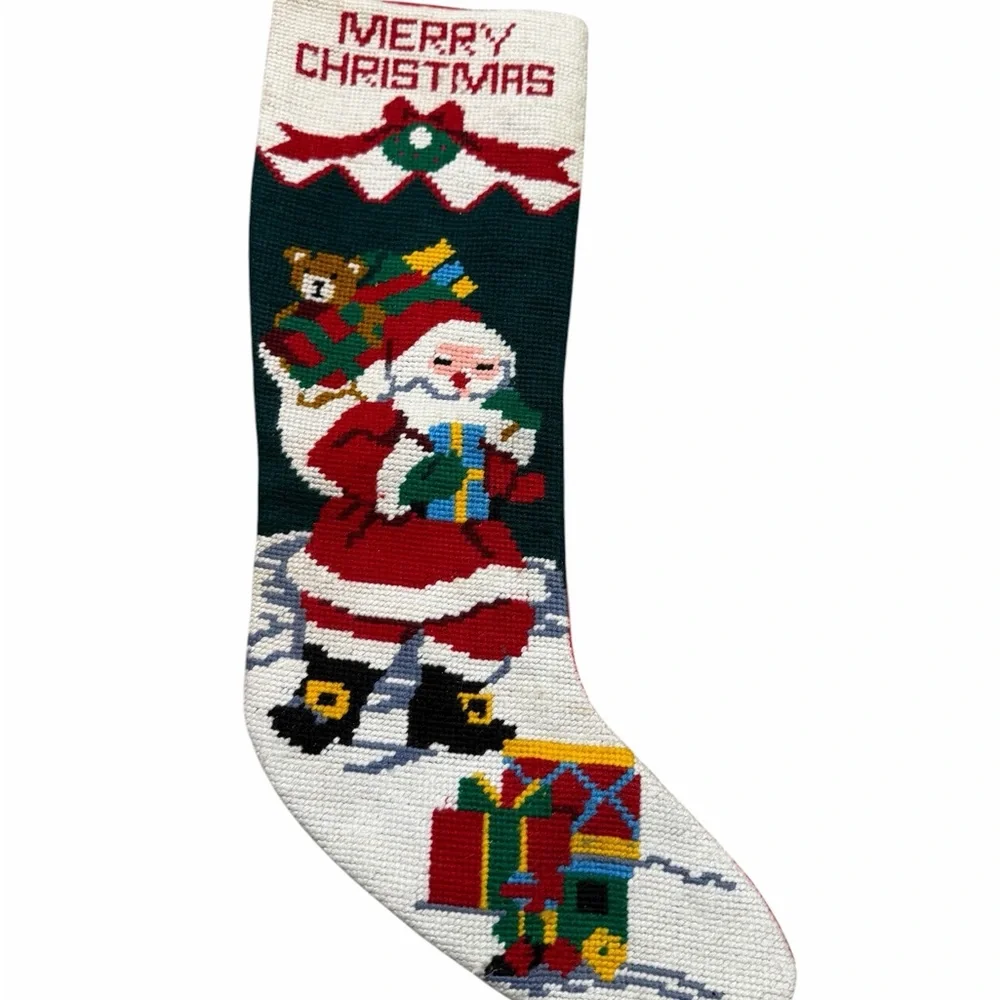🎅 Vintage Needlepoint Christmas Stockings (Set of 2) Grannycore Holiday Decor 🧶